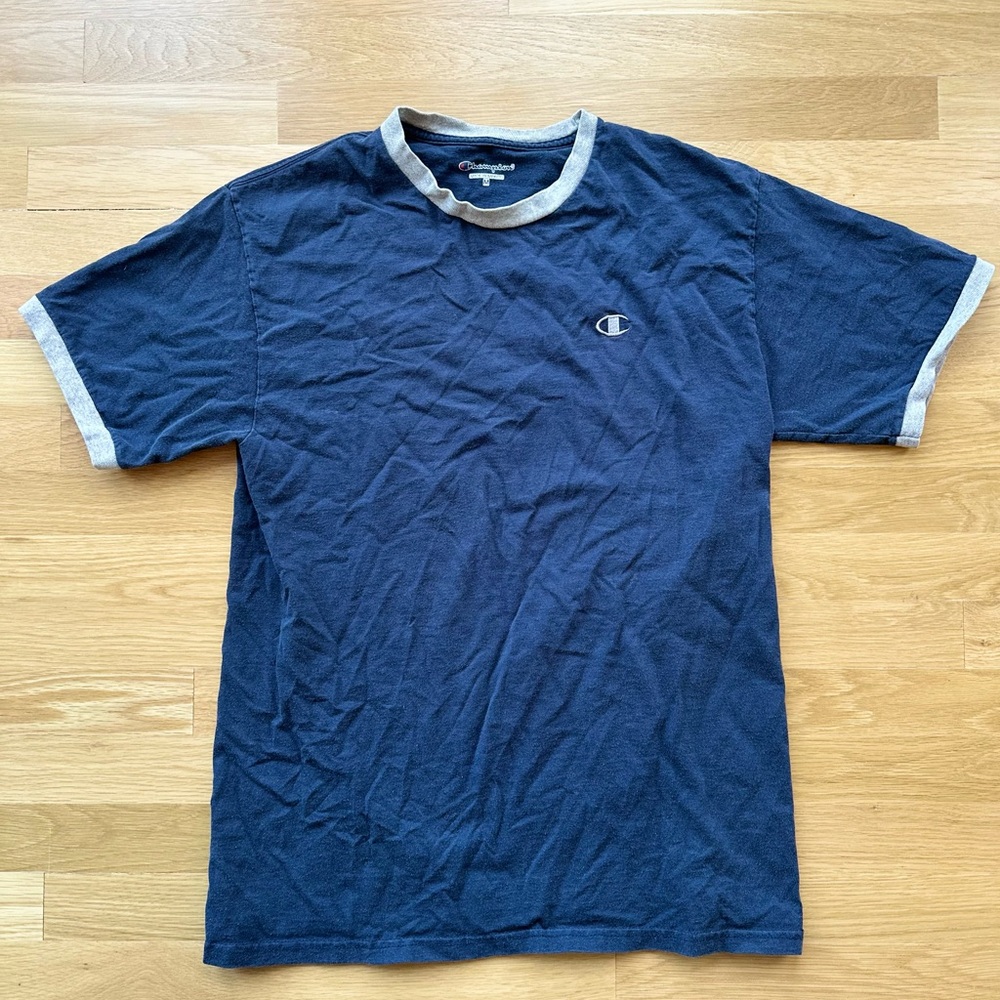 Vintage 1990s Champion Men's Blue and Gray Short Sleeve Tee